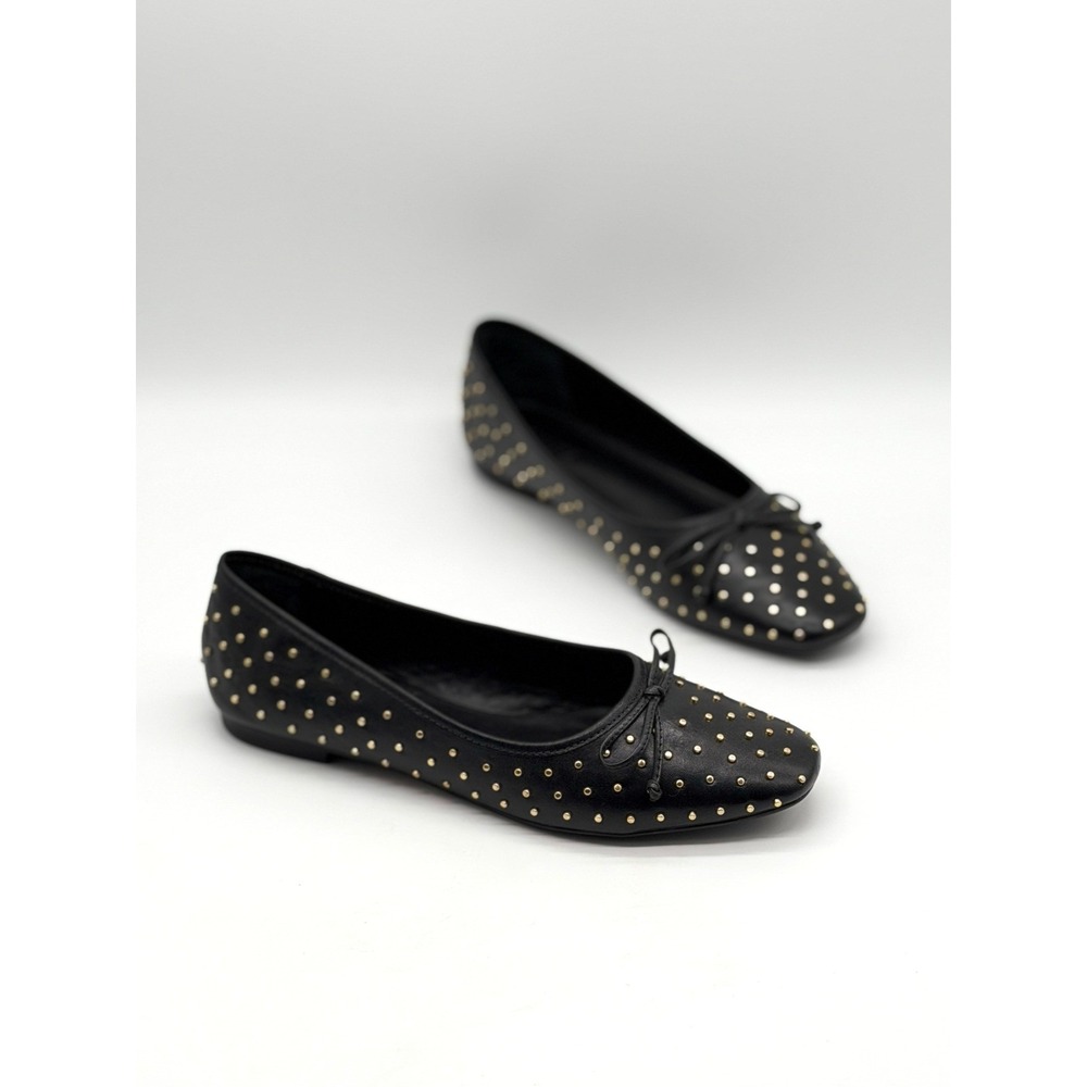 Schutz Arissa Studs Flats Women 7.5 Black Leather Gold Studded Bow Square Toe